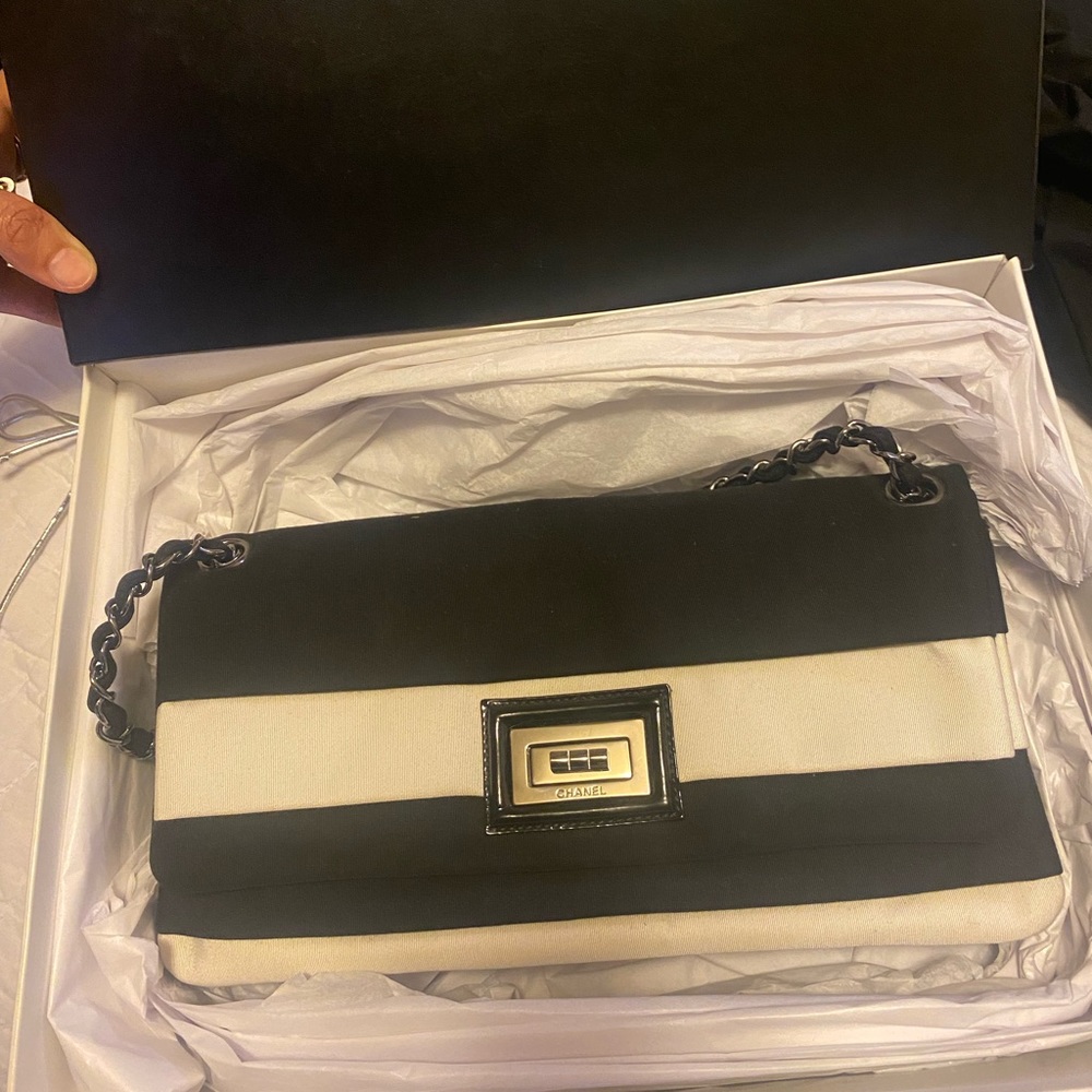 Chanel shoulder black and white canvas bag